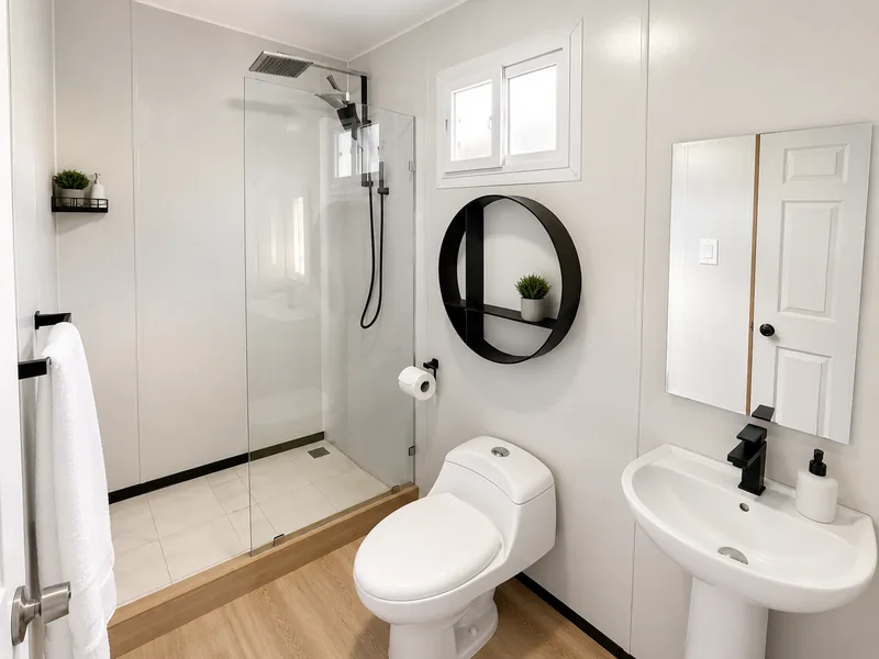 Baño de Villa Nativa con ducha, espejo y lavamanos