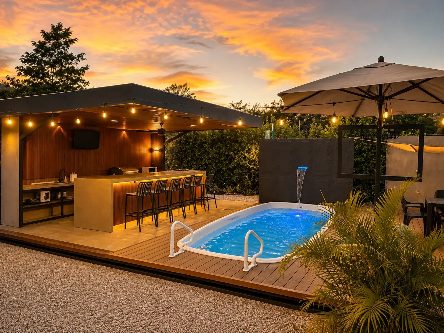 Piscina y bar de Villas Nativa iluminados al atardecer